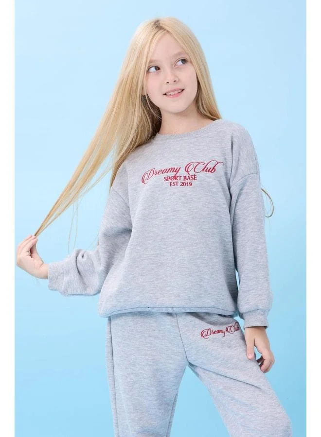 Perendi Girl's Dreamy Embroidered Polo Neck Seasonal Top and Bottom Set in Gray.