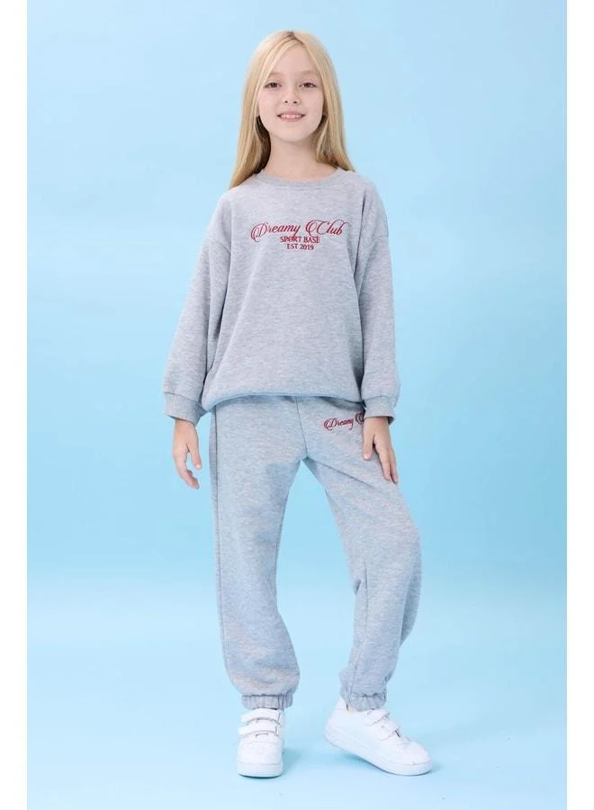 Perendi Girl's Dreamy Embroidered Polo Neck Seasonal Top and Bottom Set in Gray.