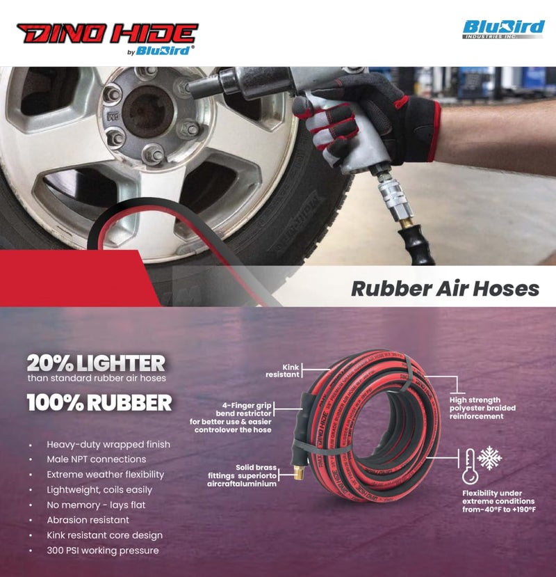 BluBird BLUBIRD DinoHide 38 x 15 HeavyDuty Rubber Air Hose Lightweight CorrosionResistant 14 Brass Fittings 300 PSI Ideal for Pneumatic Tools  Industrial Use - Image 2