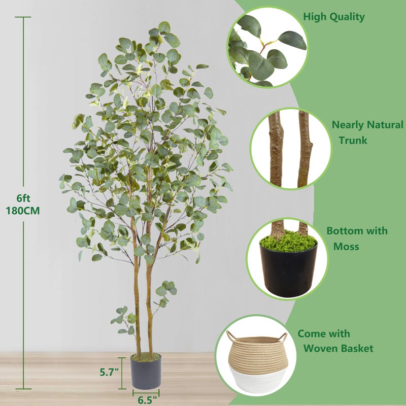 Warmplants Artificial Eucalyptus Tree, 6ft Tall Faux Eucalyptus Plant with Basket for Home Office, 72'' Fake Tree for Indoor Outdoor Livingroom Garden Floor DÃ©cor - Image 3