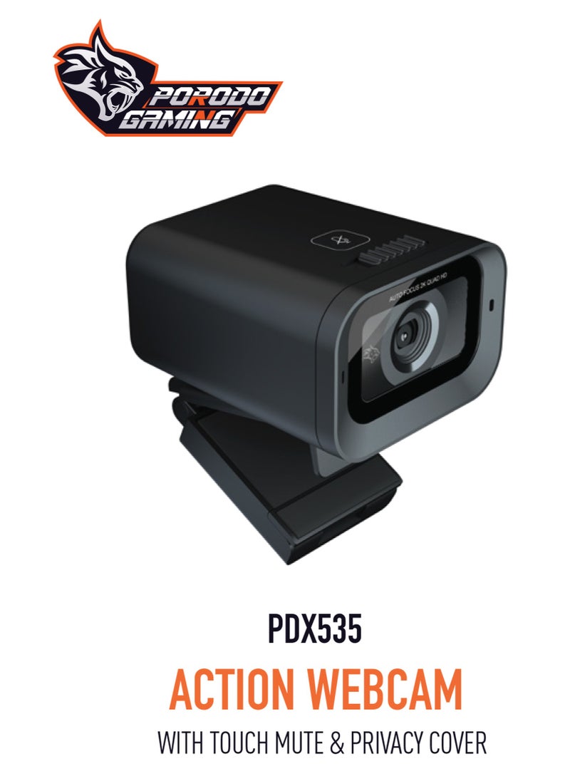 porodo - Web Cam 2K 30fps Auto Focus with Built-in Mic and Tripod / High Definition /Windows/Mac/Android/ Touch Mute & Privacy Cover / High-Clarity Vision & Mic / QHD Resolution - Black - Image 1