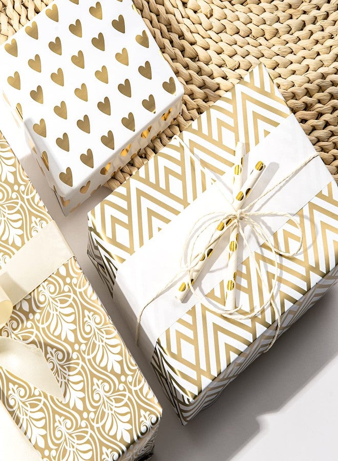 LeZakaa Gold Wrapping Paper Roll, Luxury Metallic Gift Wrap with Heart, Geometric & Floral Pattern for Wedding, Birthday, Anniversary, Bridal Shower, Christmas, Valentines, 17 x 120 inches, 3Rolls - Image 3