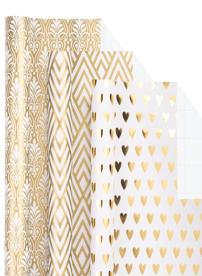 LeZakaa Gold Wrapping Paper Roll, Luxury Metallic Gift Wrap with Heart, Geometric & Floral Pattern for Wedding, Birthday, Anniversary, Bridal Shower, Christmas, Valentines, 17 x 120 inches, 3Rolls - Image 1