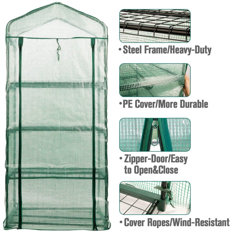 Worth Garden 4 Tier Mini Greenhouse - 63'' H x 27'' L x 19'' W - Sturdy Portable Gardening Shelves with Durable PE Cover w/ Roll-Up Zipper Door- Small Green House Indoor & Outdoor for Plants Flowers - Image 3