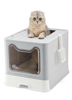 Foldable Litter Box with Lid,Enclosed Cat Litter Box,Front Entry Top Exit Kitty Litter Box,Large Litter Box with Cat Litter Scoop,Odor Control Easy Clean,for Small to Large Sized Cats,40 x 48 x 38cm