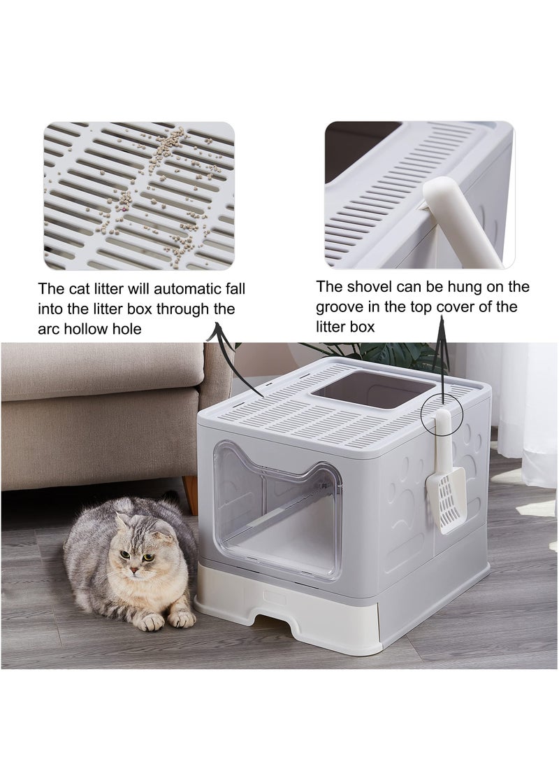 XiuWoo - Foldable Litter Box with Lid,Enclosed Cat Litter Box,Front Entry Top Exit Kitty Litter Box,Large Litter Box with Cat Litter Scoop,Odor Control Easy Clean,for Small to Large Sized Cats,40 x 48 x 38cm - Image 1
