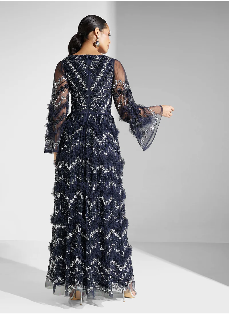مايا Embellished Frill Detailed Maxi Dress