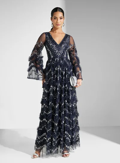 Maya Embellished Ruffle Gown Dress