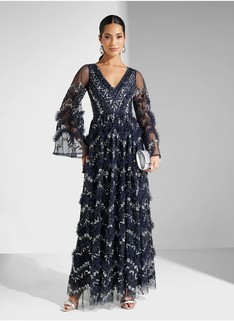 مايا Embellished Frill Detailed Maxi Dress