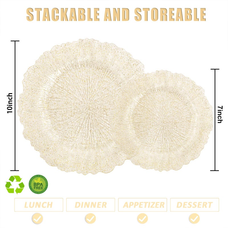 U-QE 60PCS Gold Plates for Party - Gold Plastic Plate Disposable&Reusable - Gold Glitter Heavy Duty Plastic Plates for Party&Wedding Including 30 Dinner 10" & 30 Dessert Plate 7" - Image 2