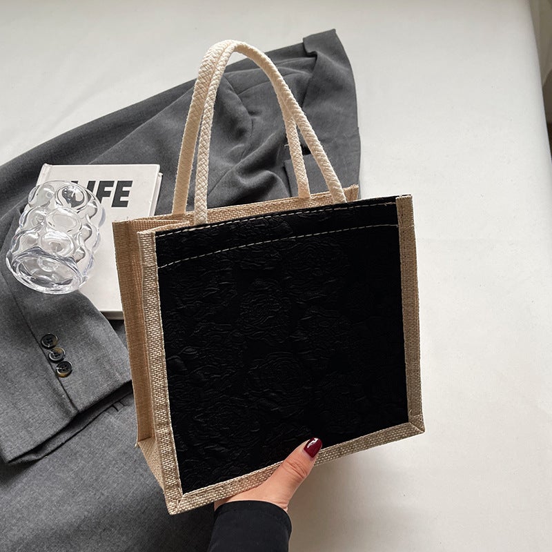 Linen Tote Bag for Women Lunch Box Carry Pouch Black zipper style 