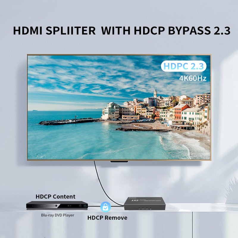 Ouluoa HDMI Splitter 1 in 2 Out 4K@60Hz - HDCP 2.2 & HDR10 Support | 18Gbps HDMI 2.0, EDID Management | Compatible with Roku, Fire TV, PS4, Xbox, 4K TV, Blu-Ray Player - Image 3