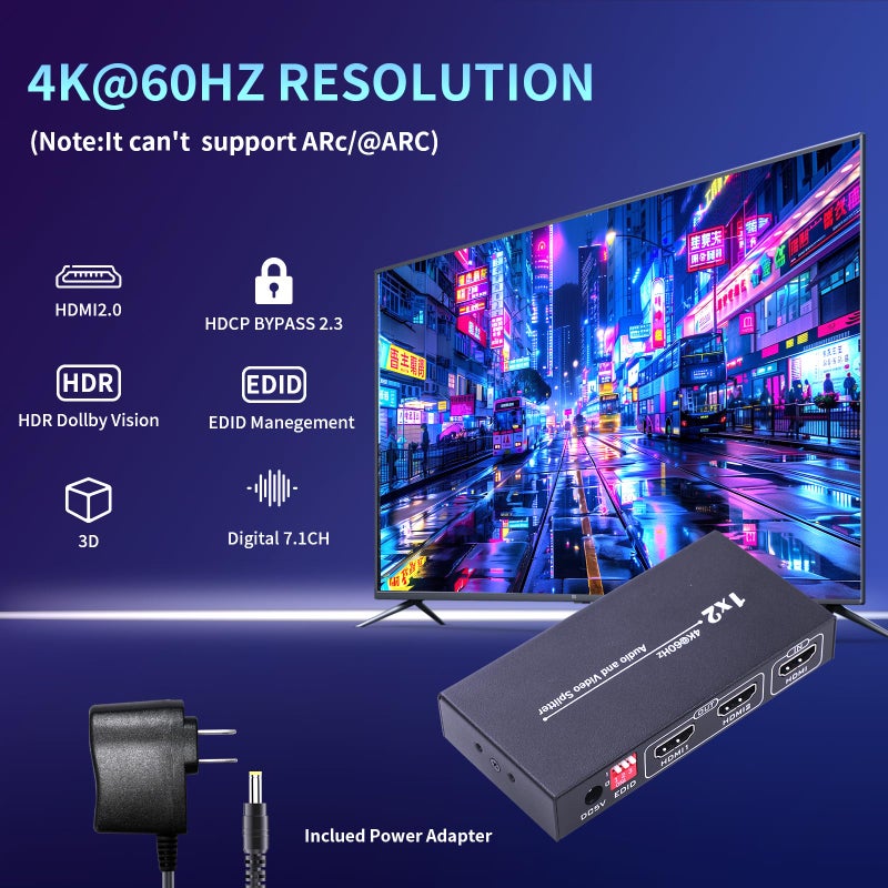 Ouluoa HDMI Splitter 1 in 2 Out 4K@60Hz - HDCP 2.2 & HDR10 Support | 18Gbps HDMI 2.0, EDID Management | Compatible with Roku, Fire TV, PS4, Xbox, 4K TV, Blu-Ray Player - Image 4