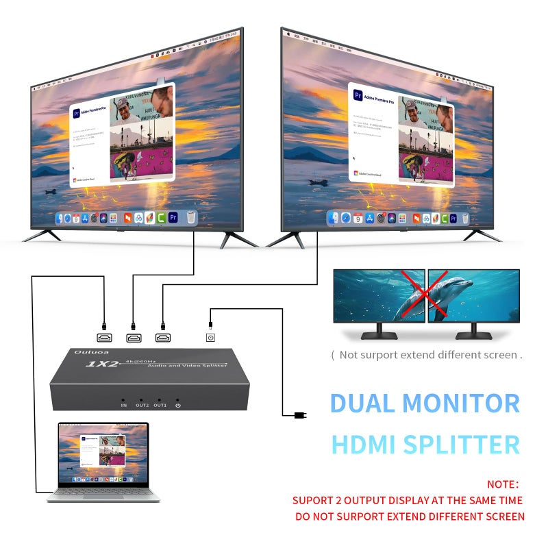 Ouluoa HDMI Splitter 1 in 2 Out 4K@60Hz - HDCP 2.2 & HDR10 Support | 18Gbps HDMI 2.0, EDID Management | Compatible with Roku, Fire TV, PS4, Xbox, 4K TV, Blu-Ray Player - Image 2