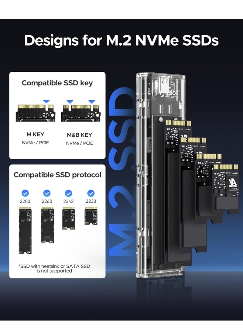 Orico - ORICO M.2 NVMe SSD Enclosure, USB 3.2 Gen 2 (10Gbps), Transparent External Hard Drive Adapter Enclosure for 2280 2260 2242 2230 PCI-E M2 M-Key SSD, USB Type C Adapter Case - Image 1