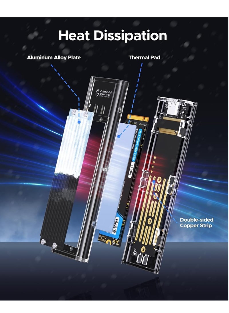Orico - ORICO M.2 NVMe SSD Enclosure, USB 3.2 Gen 2 (10Gbps), Transparent External Hard Drive Adapter Enclosure for 2280 2260 2242 2230 PCI-E M2 M-Key SSD, USB Type C Adapter Case - Image 1