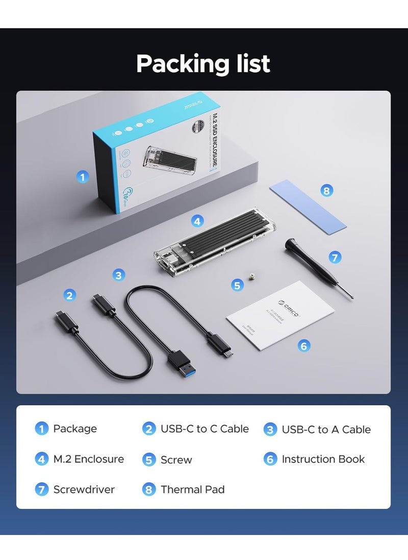 Orico - ORICO M.2 NVMe SSD Enclosure, USB 3.2 Gen 2 (10Gbps), Transparent External Hard Drive Adapter Enclosure for 2280 2260 2242 2230 PCI-E M2 M-Key SSD, USB Type C Adapter Case - Image 1