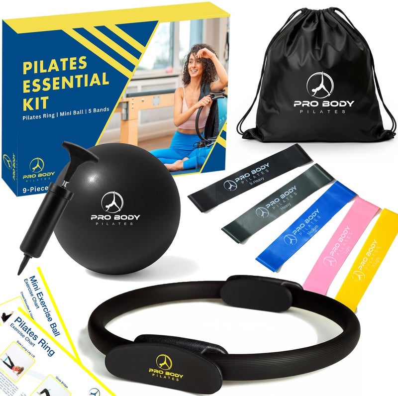 ProBody Pilates Ring Set with 14-Inch Magic Circle Ring, 9-Inch Exercise Ball, 5 Resistance Bands, Pump, Training Guides, & Storage Bag for Core Strength, Balance, Stability Training (Black) - Image 1