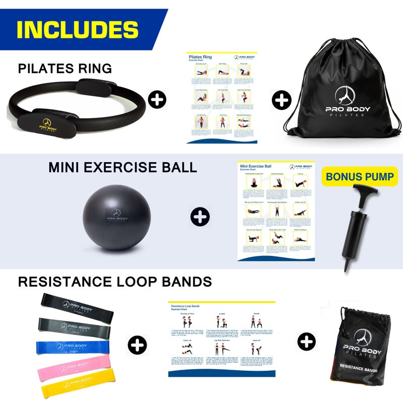 ProBody Pilates Ring Set with 14-Inch Magic Circle Ring, 9-Inch Exercise Ball, 5 Resistance Bands, Pump, Training Guides, & Storage Bag for Core Strength, Balance, Stability Training (Black) - Image 3