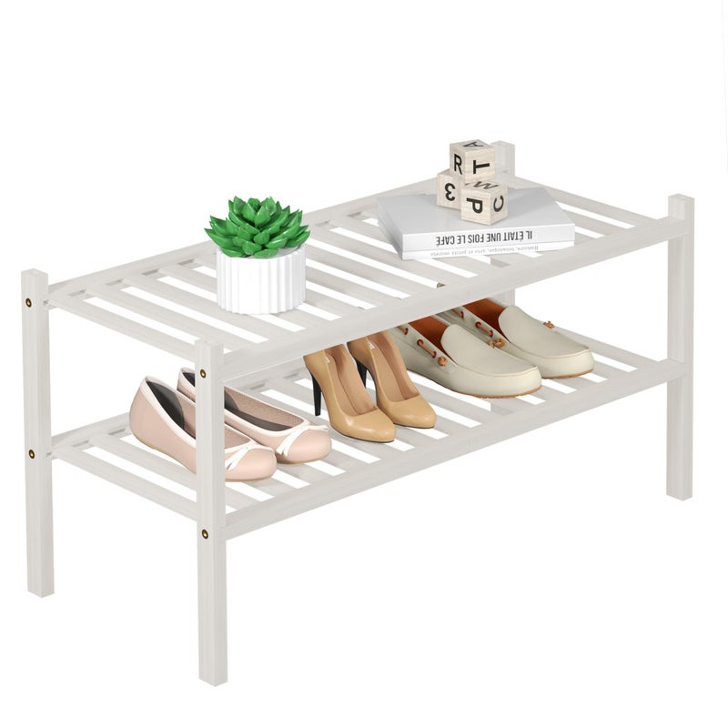 ROMGUAR CRAFT 2 Tier Bamboo Shoe Rack for Closet Free Standing Wood Shoe Shelf for Entryway Small Space Stackable 27x11x13 White