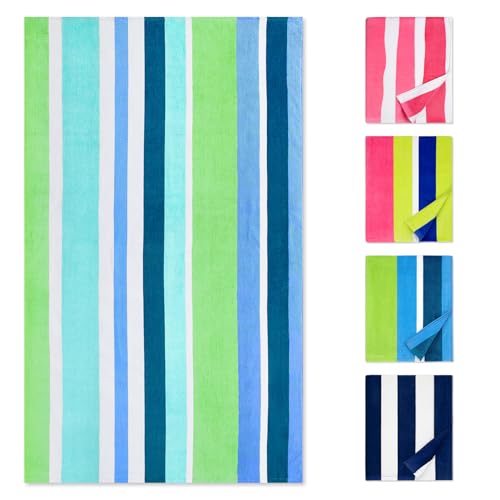 cabanana Large Beach Towel Oversized - Cotton Velour 35 x 70 Inch Rainbow Striped Terry Pool Towel, Cabana Soft Swimming Towel for Adults Women Men (Rainbow Blue) - Image 1