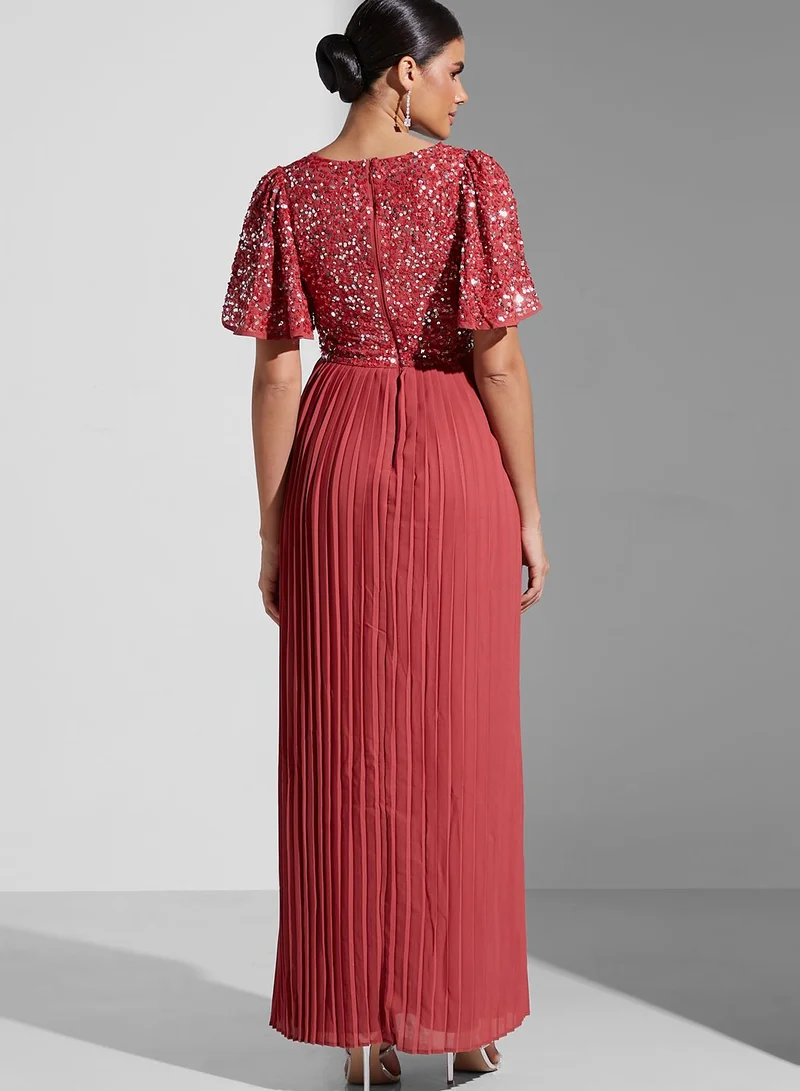 Maya Sequin Detail Ruffle Sleeve Dress