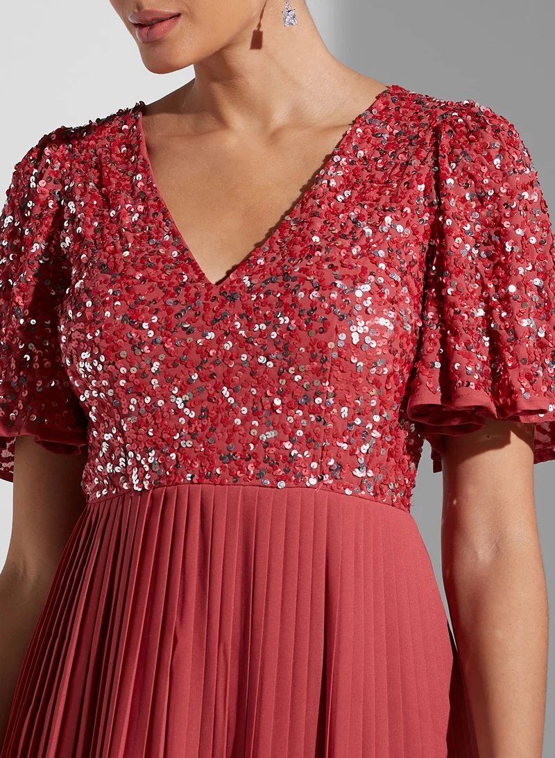 Maya Sequin Detail Ruffle Sleeve Dress