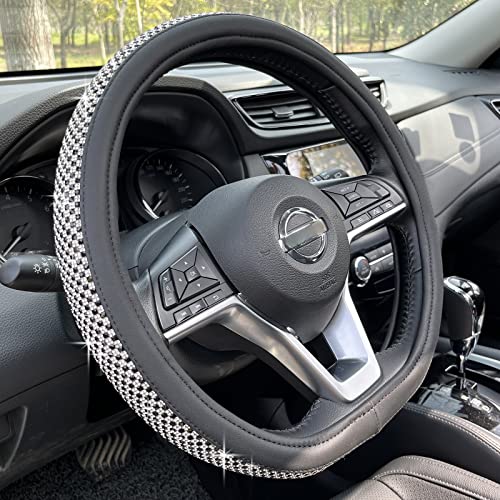 PINCTROT D Shaped Bling Comfy Steering Wheel Cover with Jumbo Crystal Rhinestones, Anti-Slip Diamond Leather, Flat Bottom 14.5-15 Inch (Black) - Image 1
