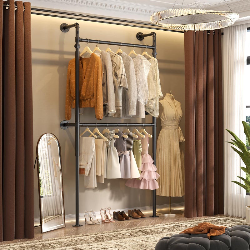 Aheaplus Industrial Pipe Clothing Rack, Reversible 3.5FT Clothes Rack for Hanging Clothes, Heavy Duty Garment Racks, Wall Mounted Closet Wardrobe Racks, Small Walk-in Closet System, Black - Image 1