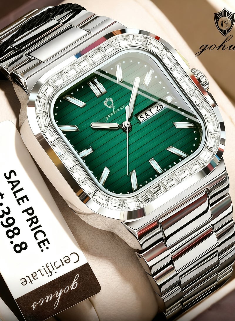 جوهوس ساعة يد رجالية فاخرة بتقنية الكرونوغراف التناظري - مربعة الشكل 39 مم، من الفولاذ المقاوم للصدأ، مقاومة للماء حتى عمق 30 مترًا، عرض التاريخ، كوارتز (هدية عمل غير رسمية) - Image 1