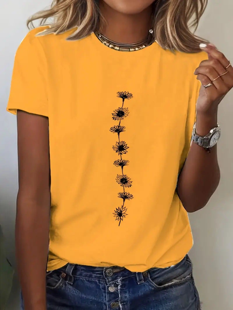 Export Sunflower Pattern T-Shirt Pure Cotton Short-Sleeved Casual Round Neck Top Women'S Clothing S-3Xl - Image 3