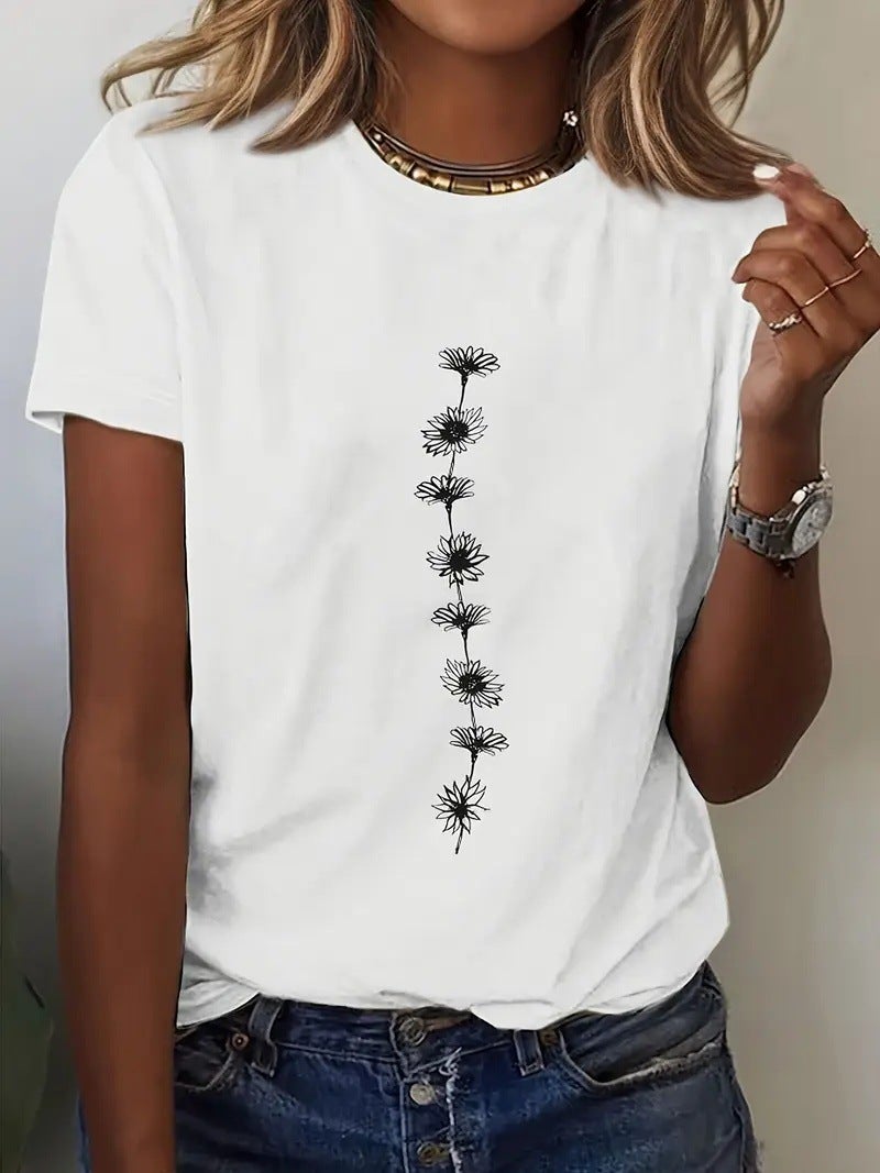 Export Sunflower Pattern T-Shirt Pure Cotton Short-Sleeved Casual Round Neck Top Women'S Clothing S-3Xl - Image 2