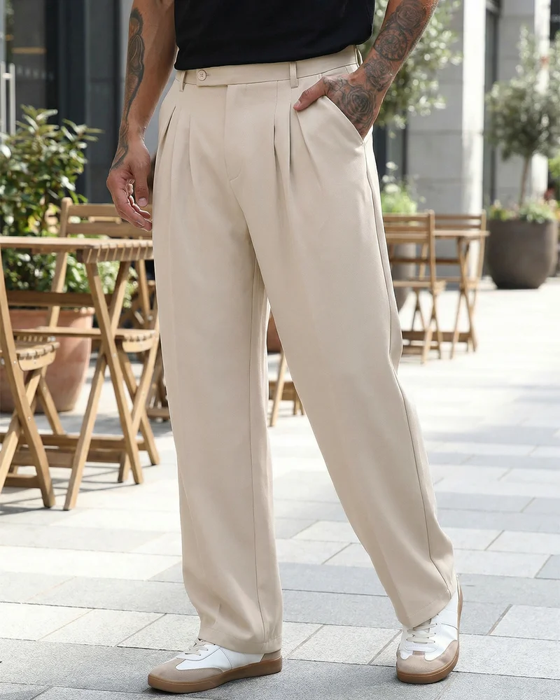 Men's Beige Loose Fit Korean Pants