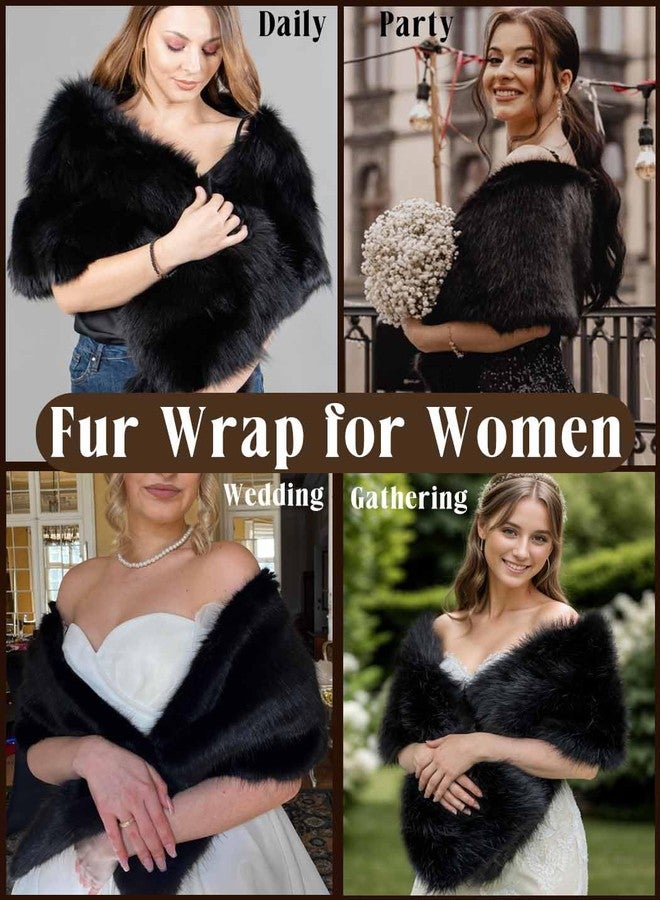 Obmyec Women's Faux Fur Shawl Wedding Faux Fur Wrap Bridal Fur Stole Fur Scarf Capefor Bride and Bridesmaids (Black) - Image 4