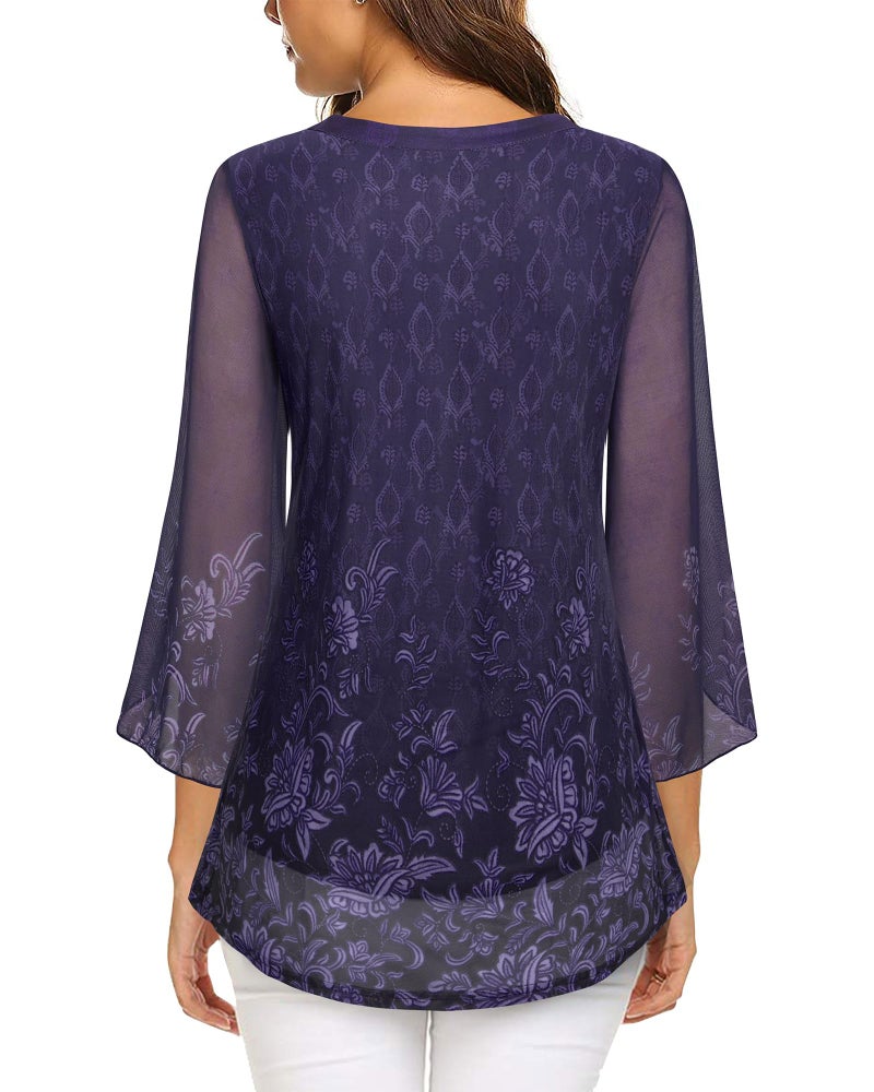 VALOLIA Womens Blouse, V Neck Shirts for Women Dressy Casual Fashion 2025 Ladies Tops and Blouses Tunic Tops 3/4 Sleeve Winter Fall Office Work Clothes Double Layered Print Shirts Violet Large - Image 4
