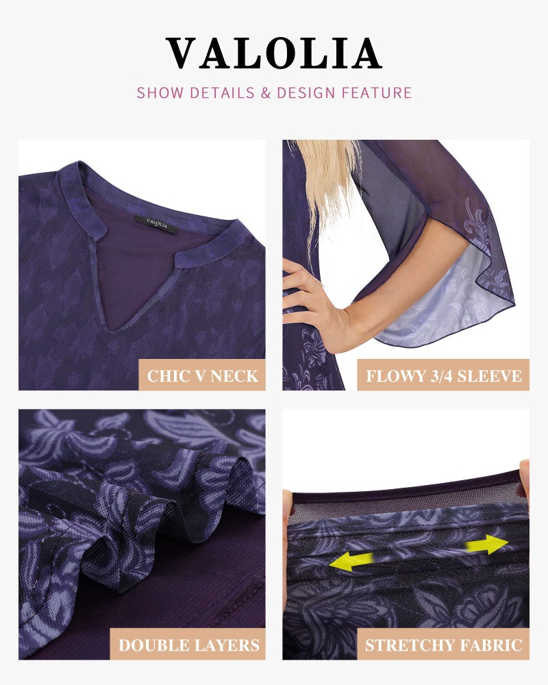 VALOLIA Womens Blouse, V Neck Shirts for Women Dressy Casual Fashion 2025 Ladies Tops and Blouses Tunic Tops 3/4 Sleeve Winter Fall Office Work Clothes Double Layered Print Shirts Violet Large - Image 5