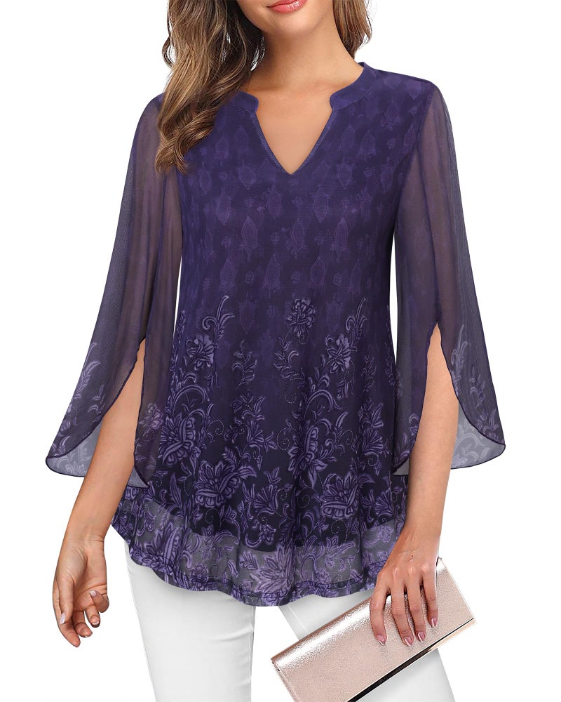 VALOLIA Womens Blouse, V Neck Shirts for Women Dressy Casual Fashion 2025 Ladies Tops and Blouses Tunic Tops 3/4 Sleeve Winter Fall Office Work Clothes Double Layered Print Shirts Violet Large - Image 2