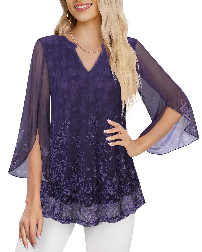 VALOLIA Womens Blouse, V Neck Shirts for Women Dressy Casual Fashion 2025 Ladies Tops and Blouses Tunic Tops 3/4 Sleeve Winter Fall Office Work Clothes Double Layered Print Shirts Violet Large - Image 3