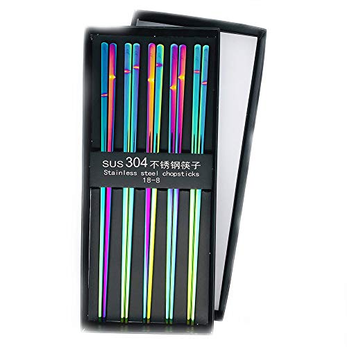 Koolemon 5pairs Polished Multicolor Rainbow 304 Stainless Steel Chopsticks Set,Metal Chopsticks Reusable, Dishwasher Safe, Traditional Chopstick,9.3inch,Chinese Japanese Chop stick - Image 1