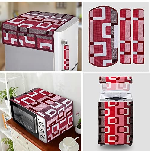 E-Retailer® Exclusive 3-Layered Polyester Combo Set of Appliances Cover (1 Pc. Fridge Top Cover, 3 Pc. Handle Cover, 1 Pc. of Microwave Oven Top Cover and 1 Pc. Top Load Washing Machine Cover) (Purple, Design-Geometric, Set Contains-6 Pcs.) - Image 1