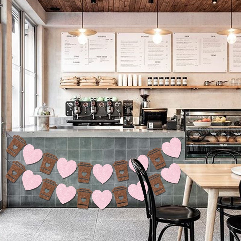 Funmemoir Coffee Bar Banner Pink, Glitter Coffee Cup and Heart Garland, Latte Banner for Birthday Bachelorette Engagement Wedding Baby Shower Party, Cafe Bar Wall Table Decorations - Image 5