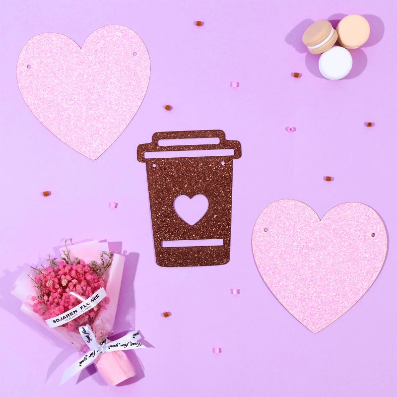 Funmemoir Coffee Bar Banner Pink, Glitter Coffee Cup and Heart Garland, Latte Banner for Birthday Bachelorette Engagement Wedding Baby Shower Party, Cafe Bar Wall Table Decorations - Image 2
