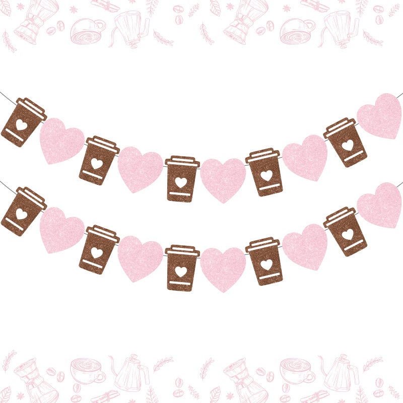Funmemoir Coffee Bar Banner Pink, Glitter Coffee Cup and Heart Garland, Latte Banner for Birthday Bachelorette Engagement Wedding Baby Shower Party, Cafe Bar Wall Table Decorations - Image 1