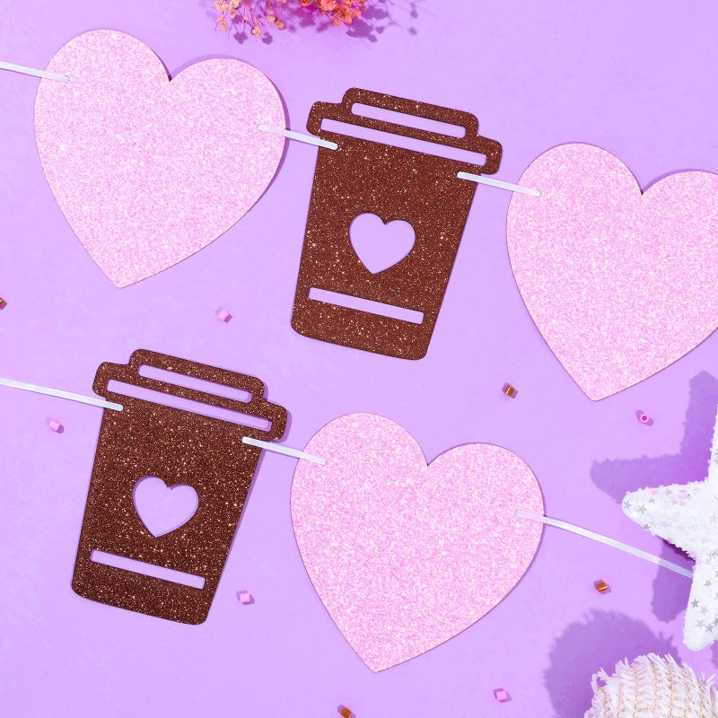 Funmemoir Coffee Bar Banner Pink, Glitter Coffee Cup and Heart Garland, Latte Banner for Birthday Bachelorette Engagement Wedding Baby Shower Party, Cafe Bar Wall Table Decorations - Image 3