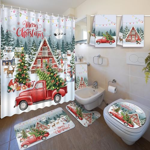 Nuanchu 6 Pcs Christmas Shower Curtain Bathroom Set with Bath Mat Red Truck with Christmas Tree U Shaped Mat Toilet Cover 2 Bath Towels and 12 Hooks Bathroom Decor Set 71 x 71 Inch - Image 1