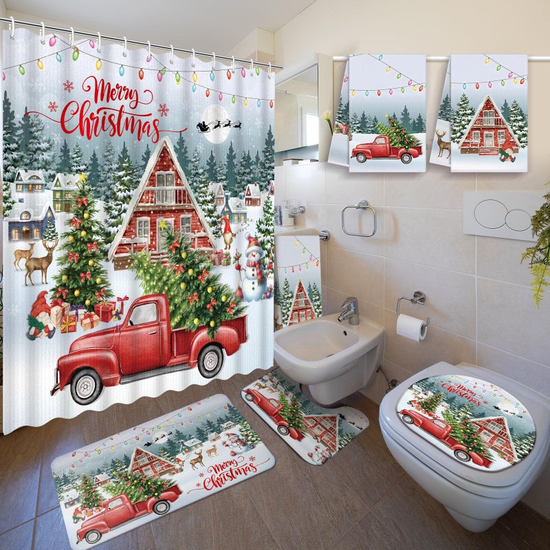 Nuanchu 6 Pcs Christmas Shower Curtain Bathroom Set with Bath Mat Red Truck with Christmas Tree U Shaped Mat Toilet Cover 2 Bath Towels and 12 Hooks Bathroom Decor Set 71 x 71 Inch - Image 2