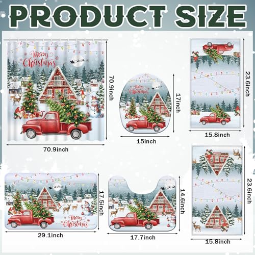 Nuanchu 6 Pcs Christmas Shower Curtain Bathroom Set with Bath Mat Red Truck with Christmas Tree U Shaped Mat Toilet Cover 2 Bath Towels and 12 Hooks Bathroom Decor Set 71 x 71 Inch - Image 3