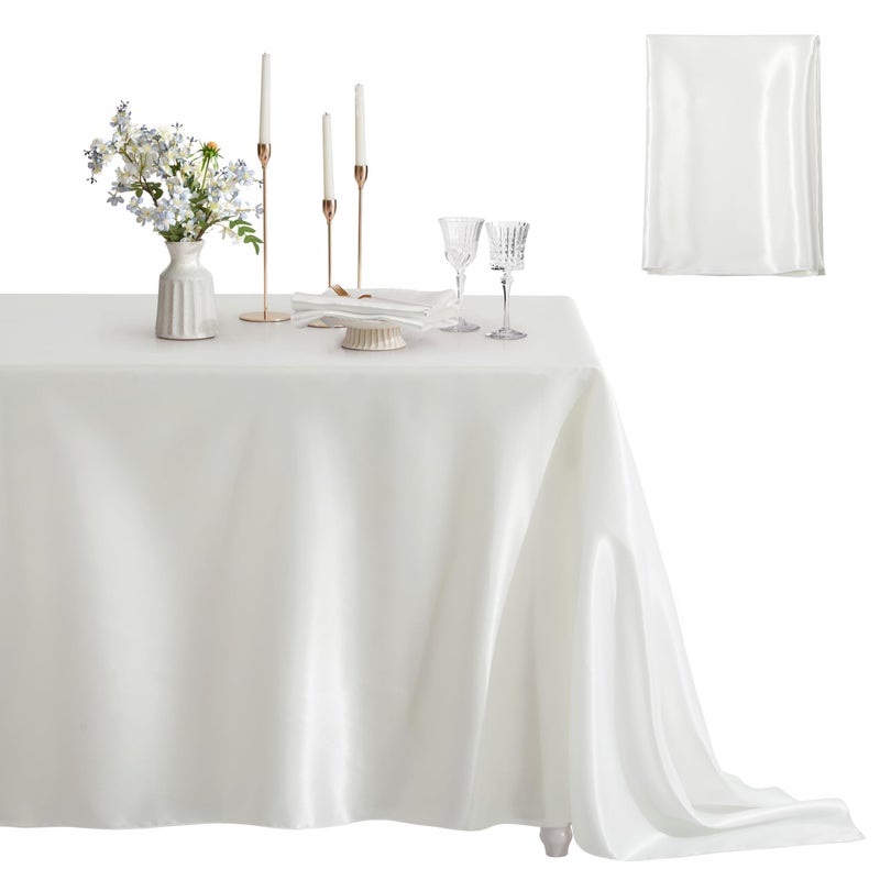 Counfeisly 1 Pack Satin Table Cover Rectangle Silkly Soft Table Cloth Satin Dining Table Cloths for Wedding Banquet Table Decoration Dining Room Indoor and Outdoor Use 60 x 84 Inches Off White