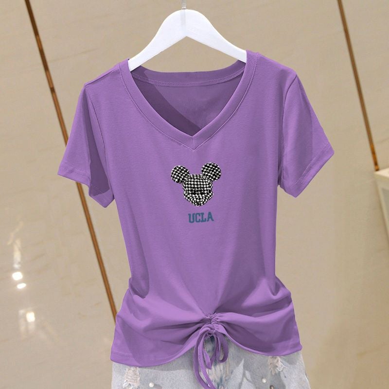 Summer Plus Size Cotton V-Neck Slimming Tee for Women Purple-UCLA Mickey
