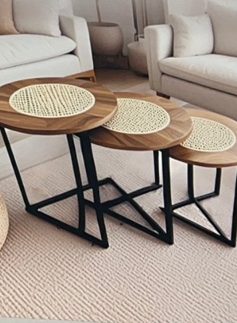 شي ون طقم طاولات قهوة دائرية من SHEE ONE بتصميم خشب طبيعي فاخر وسطح قشّ أنيق | 3 قطع عملية للمجالس والصالات | طاولة ديكور وضيافة قابلة للتداخل لتوفير المساحة | أرجل معدنية متينة | الأبعاد:  50×50×50 سم، 45×45×45 سم، 40×40×40 سم - Image 5